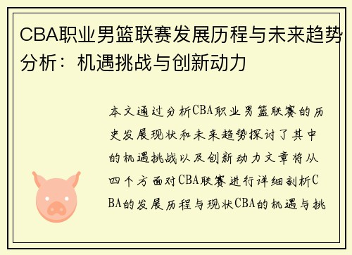CBA职业男篮联赛发展历程与未来趋势分析：机遇挑战与创新动力