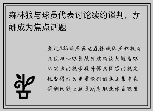 森林狼与球员代表讨论续约谈判，薪酬成为焦点话题